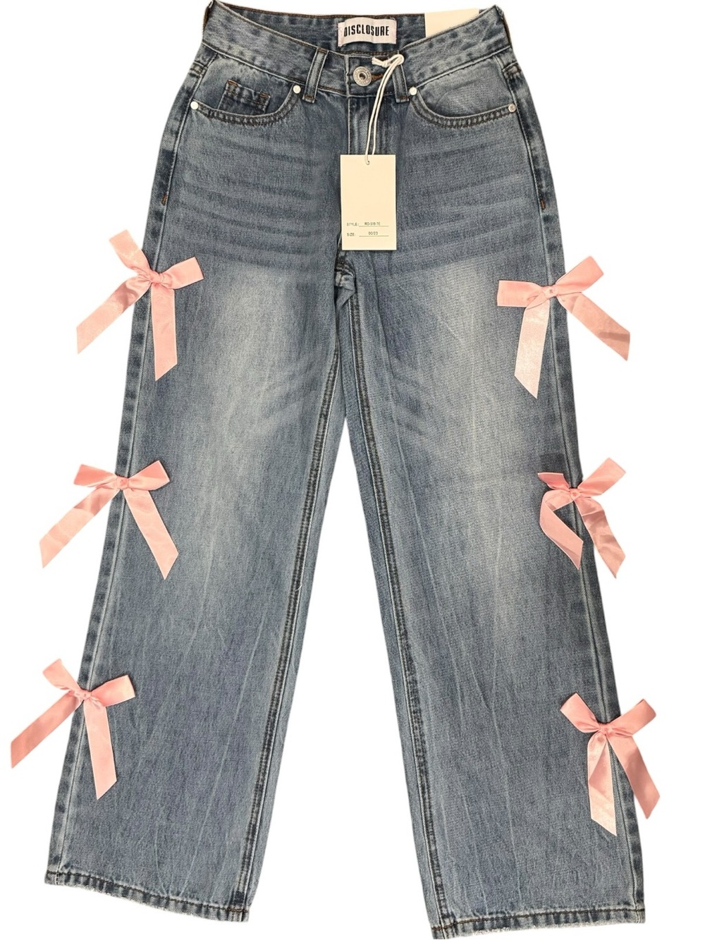 Disclosure Wide Leg Baggy Jeans Pink Ribbon Bow Accent Coquette Y2K Junior NWT